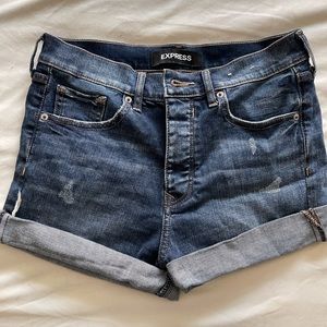 Express dark wash mid rise shorts